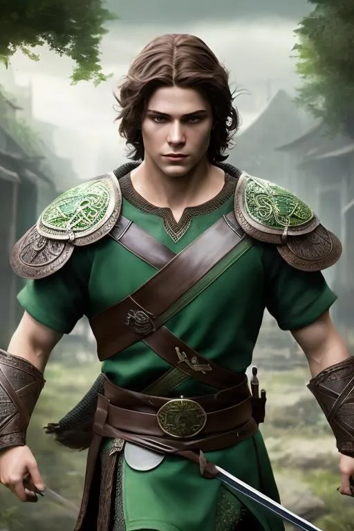 Prompt: he has short brown hair, create most handsome fictional male viking warrior, short brown hair, light green eyes, extremely detailed environment, detailed background, intricate, detailed skin, professionally color graded, photorealism, 16k, moody lighting