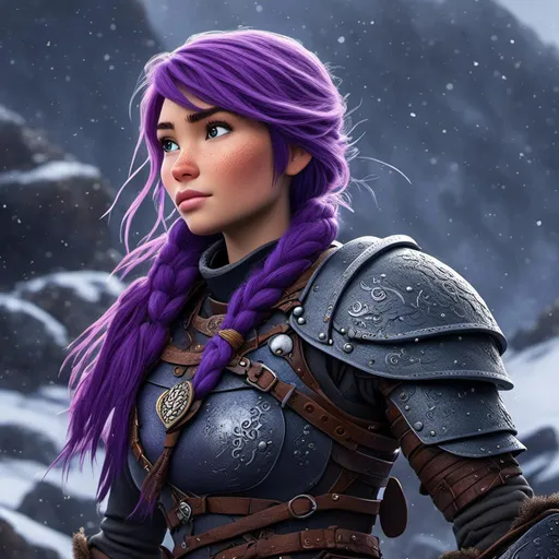 Prompt: <mymodel>animated CGI style, purple hair, viking female warrior, detailed braided hair and battle scars, rugged and weathered armor, intense and determined gaze, snowy and rugged landscape, fierce, warrior, detailed hair, battle scars, snowy landscape, intense gaze, weathered armor, dramatic lighting