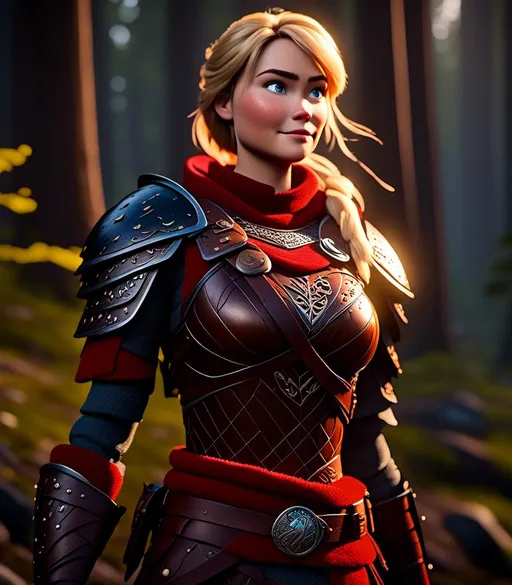 Prompt: <mymodel>CGI Animation, digital art, 20-year-old-old viking woman with light blue eyes standing in a dimly lit forest, blue assassin's creed clothes, red colored armor, blonde straight hair, subtle smile, unreal engine 8k octane, 3d lighting, cinematic lighting, camera shot of full armor from head to toe