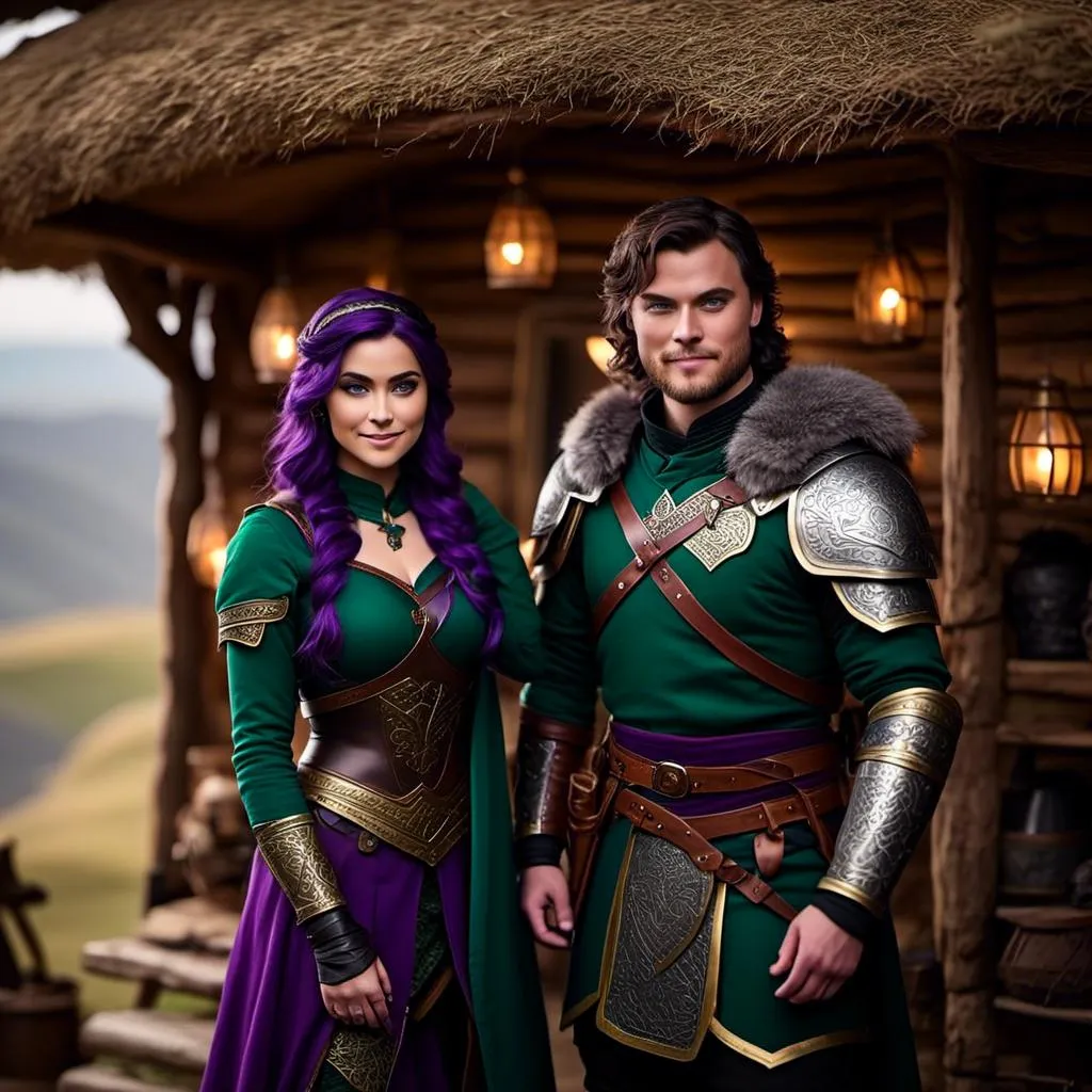 Prompt: Photo of <mymodel> standing in her hut with her husband Jarl Everson who is 24-years old who has brown (((short)) wavy hair and green gear