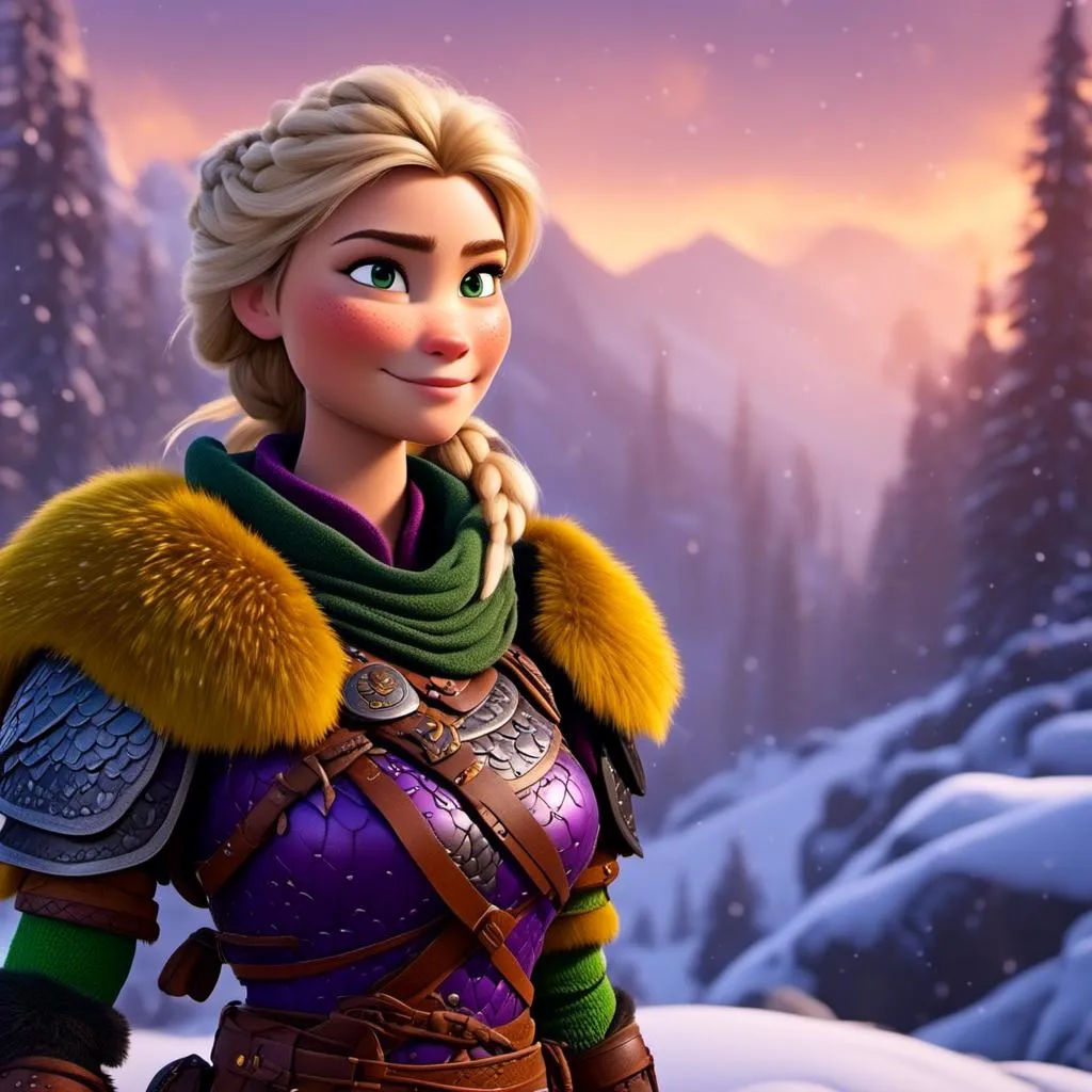 Prompt: <mymodel>CGi Animation, 25-year-old viking woman warrior with yellow eyes, a snowy scene, the viking woman has a subtle smile, hazel color hair, she has green gear, purple armor with bursts of gold textured splotches, black pants, black boots