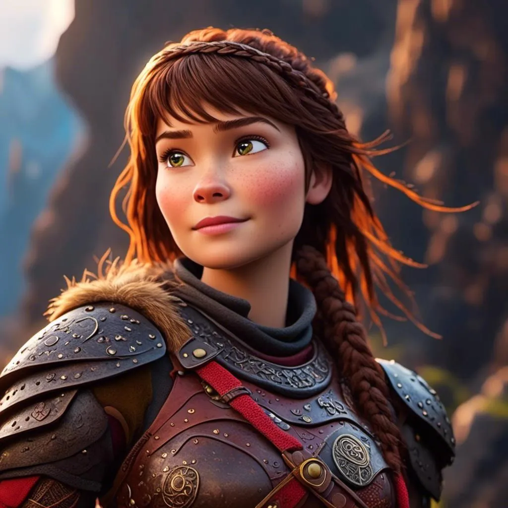 Prompt: <mymodel>CGI Animation of a viking female, brown hair in her face, hazel eyes, bright red gear and armor, yellow highlights and textures, standing in a viking village, intricate details, high quality, digital painting, cool tones, dramatic lighting