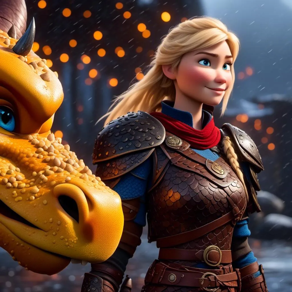 Prompt: <mymodel>CGi Animation, 20-year-old viking woman with blue eyes, a rainy scene, she is standing next to a bright blue dragon with gold highlights, they are both in the rain, the viking woman has a subtle smile, blonde hair, she has blue gear, gold armor, black pants, black boots, unreal engine 8k octane, 3d lighting, full body, full armor