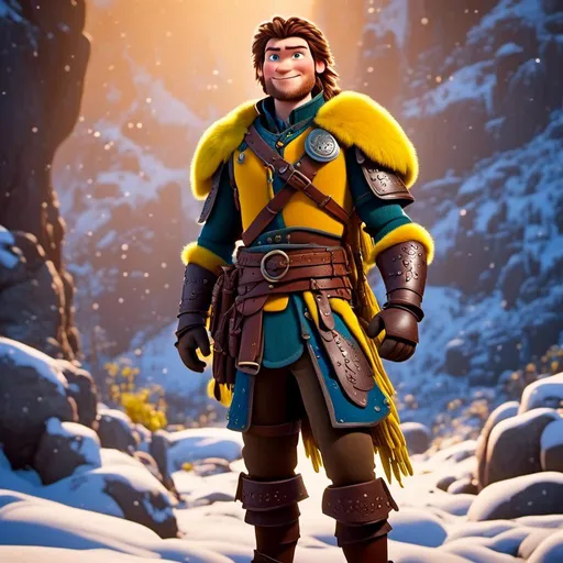 Prompt: <mymodel>CGI Animation, 20-year-old-old pirate man, a snowy scene, {{yellow gear, blue armor}}, brown hair, dreadlocks, subtle smile, beads hair, multiple braids, yellow gear, straight hair, green eyes, bracelets, rings on fingers, mercenary gear, unreal engine 8k octane, 3d lighting, close up camera shot on the face, full armor