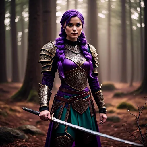 Prompt: A photo of <mymodel> standing in a forest with her sword drawn ready for a fight