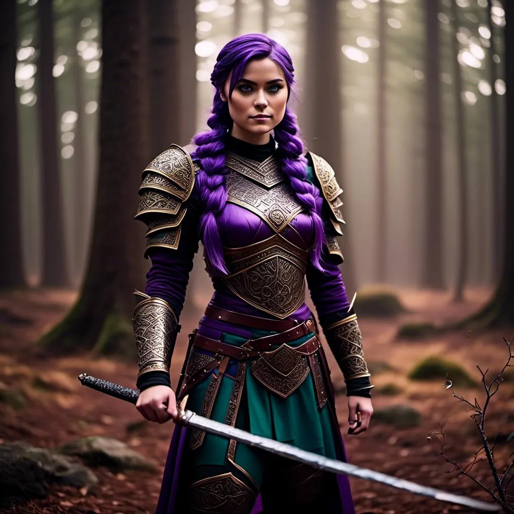 Prompt: A photo of <mymodel> standing in a forest with her sword drawn ready for a fight