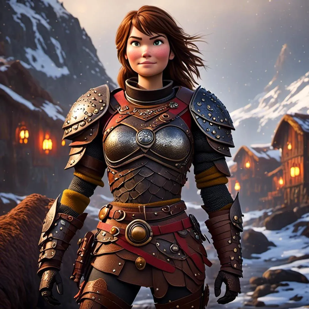 Prompt: <mymodel>CGI Animation of a viking female, brown hair in her face, hazel eyes, bright red gear and light armor, yellow highlights and textures, full light body armor, she has heavy gauntlets on her hands with armored gloves, standing in a viking village, intricate details, high quality, digital painting, cool tones, dramatic lighting