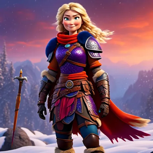 Prompt: <mymodel>CGi Animation, 25-year-old viking woman warrior with blue eyes, a snowy scene, the viking woman has a subtle smile, blonde hair, she has red gear, orange armor with bursts of purple textured splotches, black pants, black boots