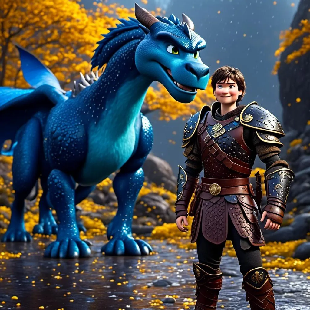 Prompt: <mymodel>CGi Animation, 20-year-old viking man with blue eyes, a rainy scene, he is standing next to a bright blue dragon with gold highlights, they are both in the rain, the viking man has a subtle smile, black hair, he has blue gear, gold armor, black pants, black boots