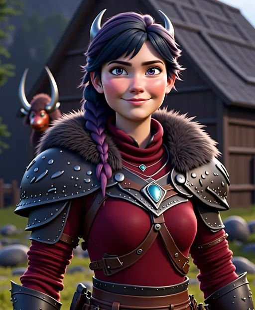 Prompt: <mymodel>CGI Animation, digital art, 20-year-old-old viking woman with violet eyes, Dark red Long sleeve shirt, skirt with dragon teeth on it, wears the snow wraith hood, ((dark dark blue hair with teal, pink and purple streaks)), standing in a viking village, subtle smile, unreal engine 8k octane, 3d lighting, close up camera shot on the face, full armor