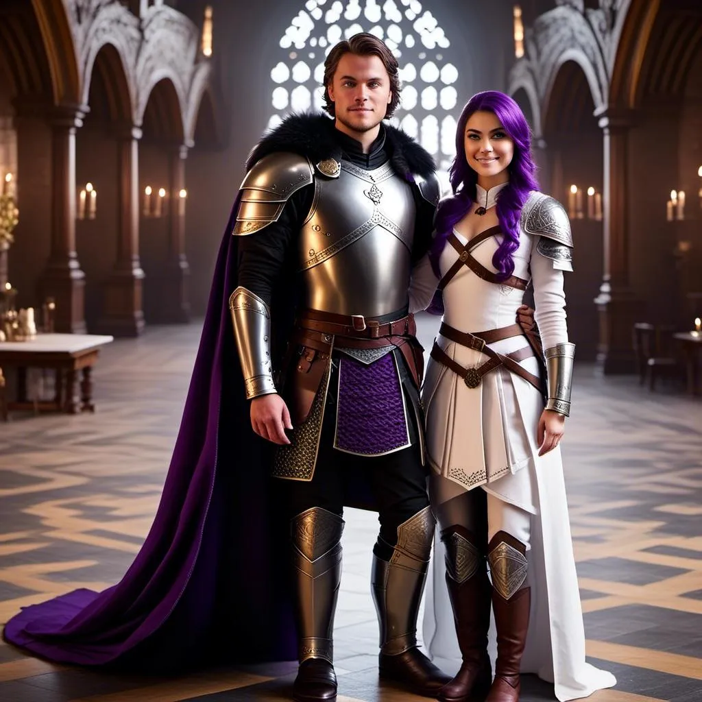 Prompt: Photo of <mymodel> standing in The Great Hall from How to Train Your Dragon with her husband Jarl Everson who is 24-years old who has brown (((short))) wavy hair