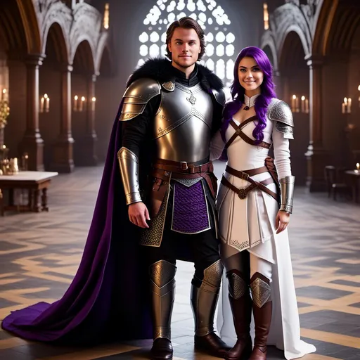 Prompt: Photo of <mymodel> standing in The Great Hall from How to Train Your Dragon with her husband Jarl Everson who is 24-years old who has brown (((short))) wavy hair