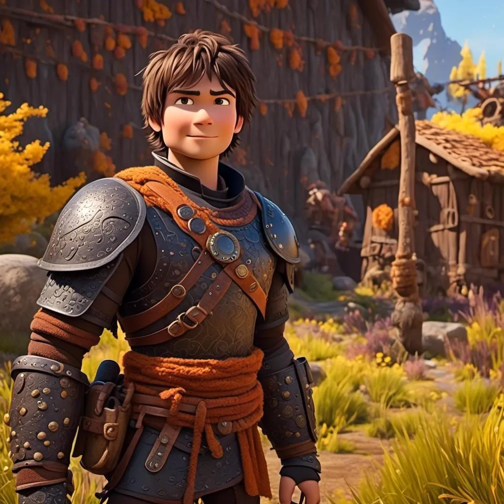 Prompt: <mymodel>CGI Animation of a viking male, light and small body build, young looks, black short wavy hair, brown eyes, bright orange simple gear, yellow highlights and textures, full body picture, standing in a viking village, intricate details, high quality, digital painting, bright energetic tones, dramatic lighting