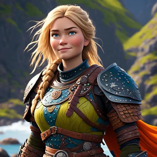 Prompt: <mymodel>CGI Animation of female viking, blonde straight hair, blue eyes, bright orange and green armor, yellow highlights dor gear and textures, full light body armor, standing in a viking village, intricate details, high quality, digital painting, cool tones, dramatic lighting