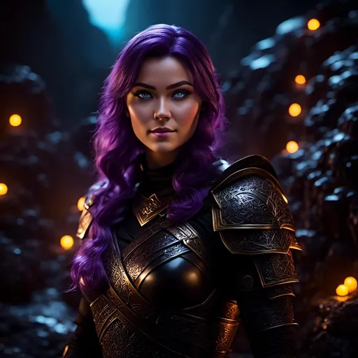 Prompt: <mymodel>25-year-old viking woman, subtle smile, light blue eyes, black gear, bright black armor, black textures and highlights, standing in a dimly lit cave with glowing algae, short focus, blurry background, unreal engine 8k octane, 3d lighting, full body, full armor