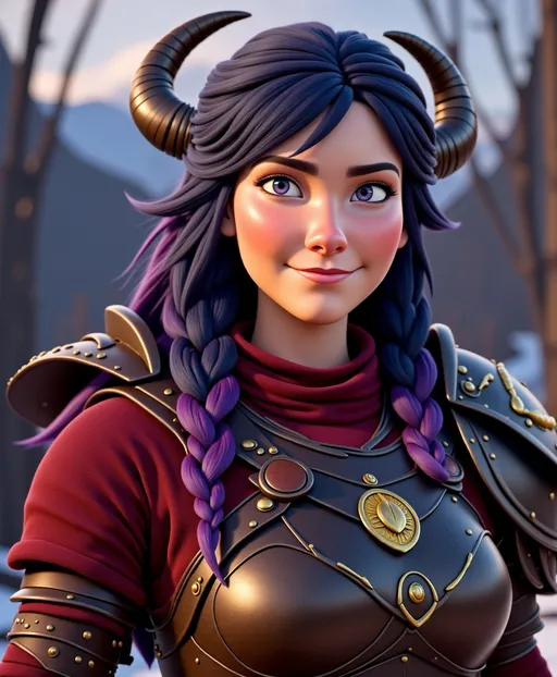 Prompt: <mymodel>CGI Animation, digital art, 20-year-old-old viking woman with violet eyes, Dark red Long sleeve shirt, skirt with dragon teeth on it, wears the snow wraith hood, ((dark dark blue hair with teal, pink and purple streaks)), fighting against another viking warrior in a sword battle with Annabeth who has purple hair with black and gold armor in the training ring, subtle smile, unreal engine 8k octane, 3d lighting, close up camera shot on the face, full armor