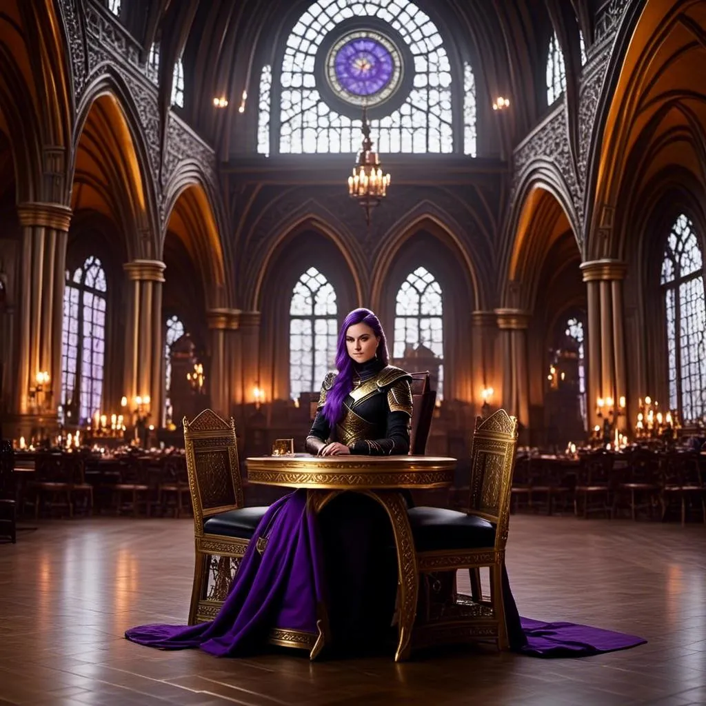 Prompt: Photo of <mymodel> sitting at a table in The Great Hall
