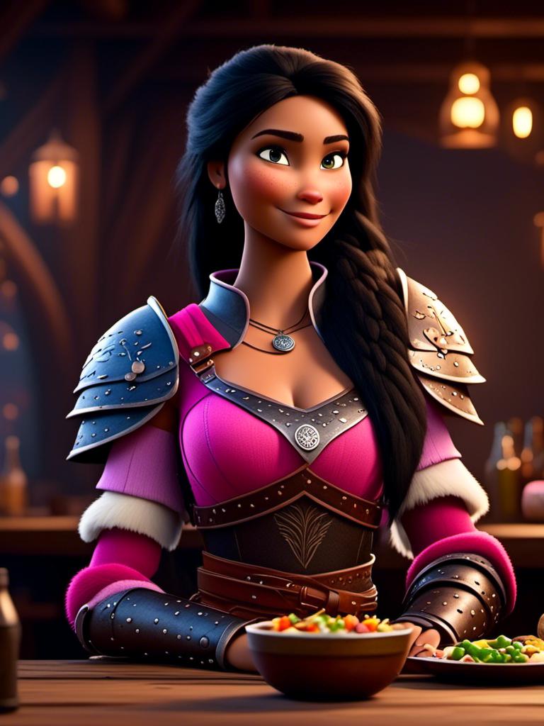 Prompt: <mymodel>CGI Animation, digital art, 20-year-old-old viking woman of royalty standing a busy tavern having a meal with a woman friend, {{pink gear, blue armor}}, black hair, straight hair with a tiara, subtle smile, unreal engine 8k octane, 3d lighting, close up camera shot on the face, full armor