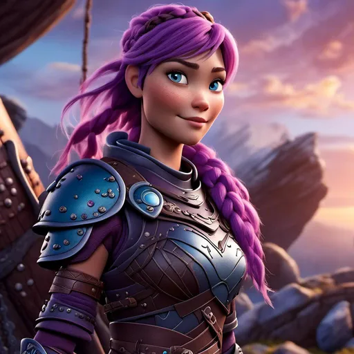 Prompt: <mymodel>CGI Animation of a viking female, purple hair in a single braid, light blue eyes, purple and black gear and armor, intricate details, high quality, digital painting, cool tones, dramatic lighting