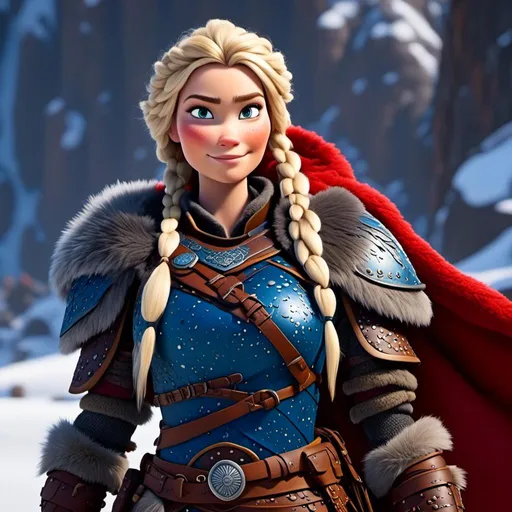 Prompt: <mymodel>CGi Animation, 25-year-old viking woman warrior with blue eyes, a snowy scene, the viking woman has a subtle smile, blonde dreadlocks and braids in her hair, she has red gear, gold armor with bursts of blue textured splotches, black pants, black boots
