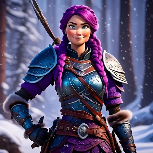 Prompt: <mymodel>a female viking warrior with purple hair standing in a snowy forest, black slender Razorwhip dragon, light blue eyes, single braid down shoulder, purple armor, subtle smile, full body, cool tones, dramatic lighting, simple details