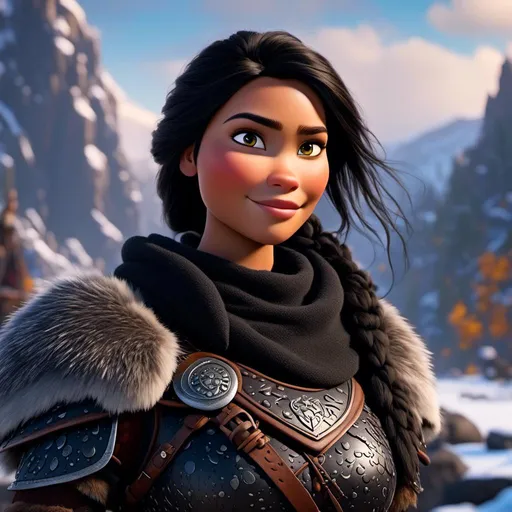 Prompt: <mymodel>CGi Animation, 25-year-old viking woman warrior with brown eyes, a snowy scene, the viking woman has a subtle smile, black hair, she has black gear, black armor, black textures, black pants, black boots