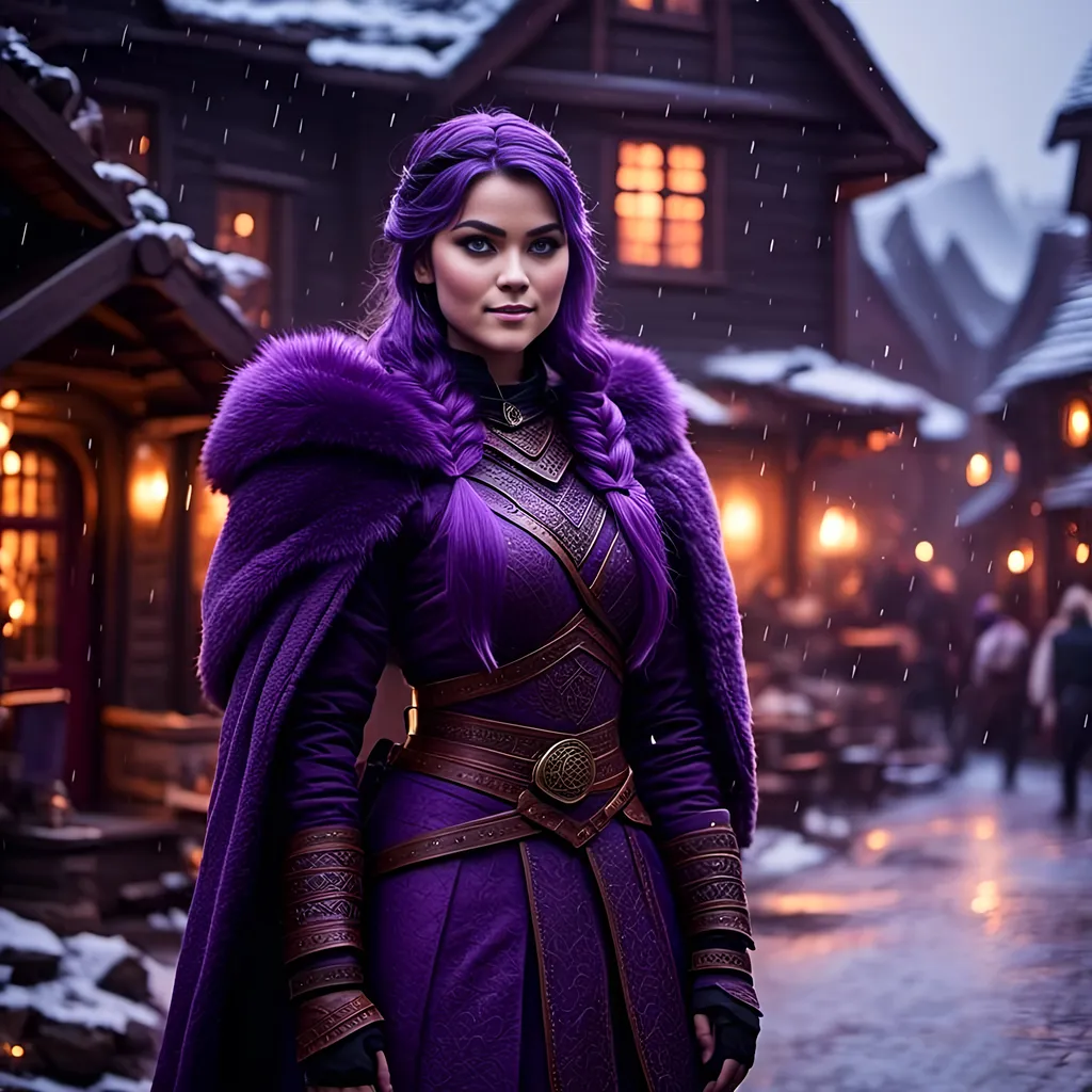 Prompt: Photo of <mymodel> with a heavy purple fur coat with a hood with a fur edge, she is in a viking village standing as snow falls