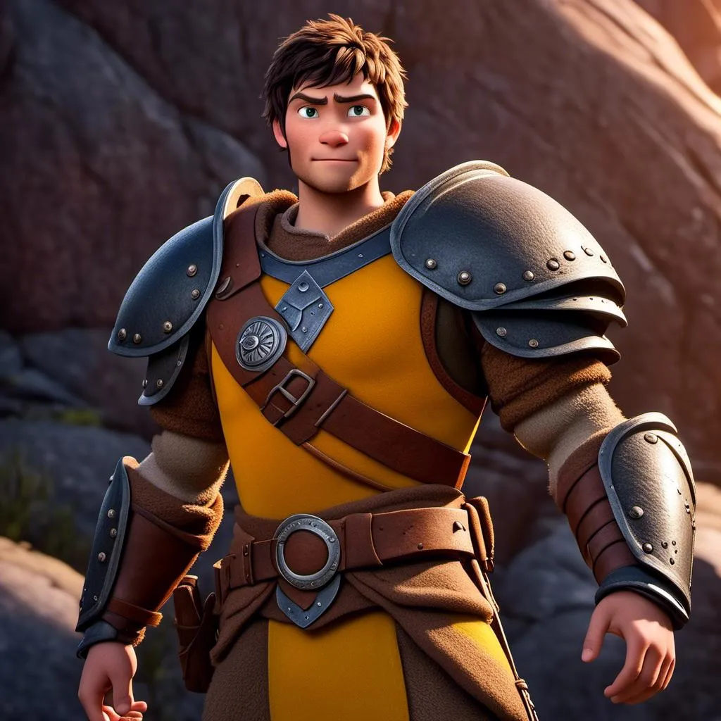 Prompt: <mymodel>Animated CGI style of a fierce 24-year-old Caucasian Viking with dark hair, light body build, intense gaze, realistic (yellow light armor) with highlights of orange textures, high quality, CGI, realistic, intense gaze, viking, male, Caucasian, detailed facial features, highres, professional, intense lighting