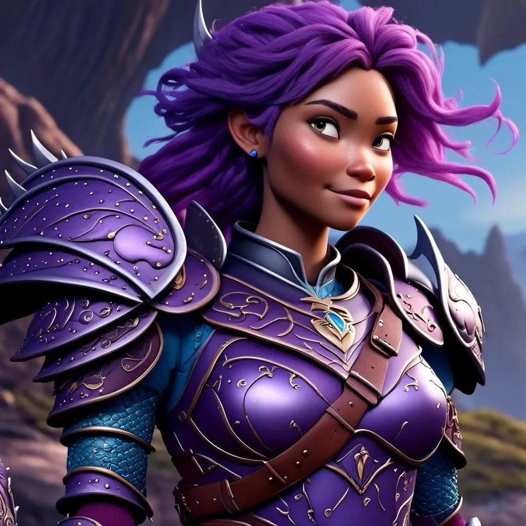 Prompt: <mymodel>CGI Animation of a caucasian viking female, purple hair, blue and purple gear and armor, intricate details, high quality, digital painting, cool tones, dramatic lighting