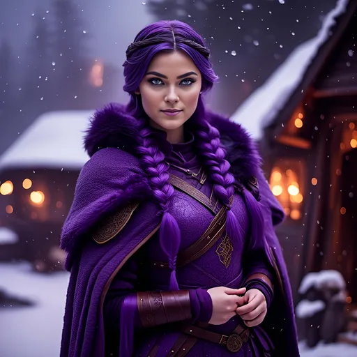 Prompt: Photo of <mymodel> with a heavy purple fur coat wearing a hood with a purple fur edge, she is in a viking village standing as snow falls,  she has a single braid down her shoulder