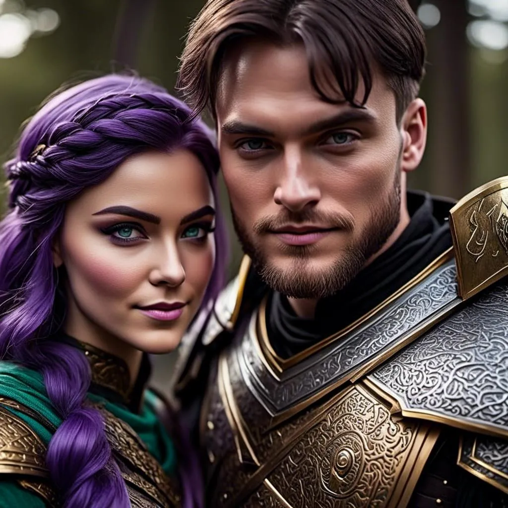 Prompt: Photo of <mymodel> standing next to her young husband Jarl Mollerson who has green gear and silver armor and ((short brown hair)), she is slightly shorter than him, Jarl Mollerson has a young looking face