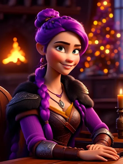 Prompt: <mymodel>CGI Animation, digital art, 20-year-old-old viking woman of royalty sitting at a desk in her home in the living room next to the fireplace, light blue eyes, {{black gear, purple armor}}, purple hair, single braid down her shoulder with a tiara, subtle smile, unreal engine 8k octane, 3d lighting, close up camera shot on the face, full armor