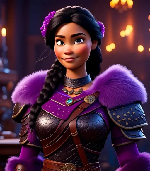 Prompt: <mymodel>CGI Animation, digital art, 20-year-old-old viking woman with light blue eyes, she is standing in her library, she is of royalty, {{black gear, purple armor}}, black hair with purple strands, single braid down her shoulder with a tiara, subtle smile, unreal engine 8k octane, 3d lighting, close up camera shot on the face, full armor