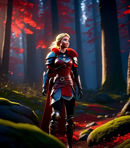 Prompt: <mymodel>CGI Animation, digital art, 20-year-old-old viking woman with light blue eyes standing in a dimly lit forest, blue assassin's creed clothes, red colored armor, blonde straight hair, subtle smile, unreal engine 8k octane, 3d lighting, cinematic lighting, camera shot of full armor from head to toe