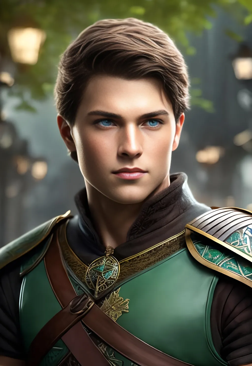 Prompt: he has short brown hair, create most handsome fit fictional male prince viking warrior, short brown hair, light green eyes, extremely detailed environment, detailed background, intricate, detailed skin, professionally color graded, photorealism, 16k, moody lighting