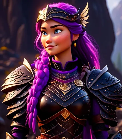 Prompt: <mymodel>CGI Animation, digital art, 20-year-old-old viking woman with light blue eyes and purple hair, intensely looking over battle orders with her troops, black dragon scale helmet covering face, armory lit with torches, black clothes, black dragon scaled colored armor, purple hair, single braid down her shoulder with a gold tiara, subtle smile, unreal engine 8k octane, 3d lighting, close up camera shot on the face, full armor