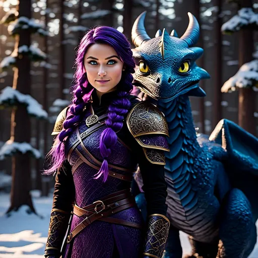 Prompt: Photo of <mymodel> standing next to her ((black)) razorwhip dragon from How to Train Your Dragon in the snow, she has light blue eyes