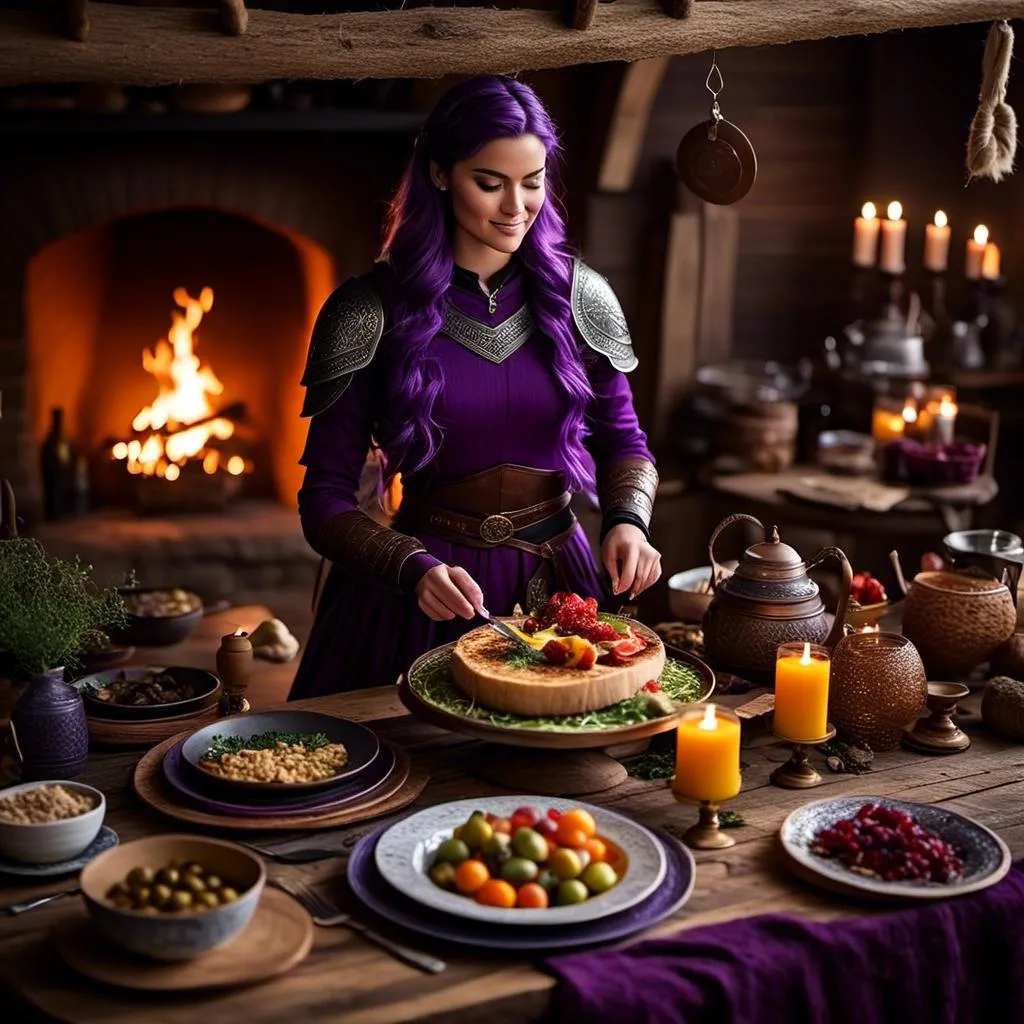 Prompt: Photo of <mymodel> setting the supper table with food prepared for two in her viking house