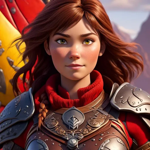 Prompt: <mymodel>CGI Animation of a viking female, brown hair, hazel eyes, bright red gear and armor, yellow highlights and textures, intricate details, high quality, digital painting, cool tones, dramatic lighting