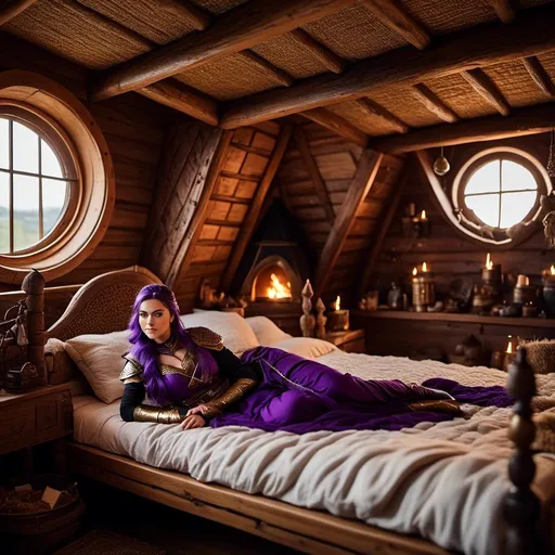 Prompt: Photo of <mymodel> lying on her bed in her viking house