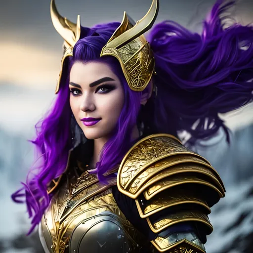 Prompt: she has a scar over her right eye, gold armor over her chest, purple lips, smiling, create a female viking warrior, the female has dark purple hair, her gear is black and silver, black pants, her eyes are light blue, she is in a grassy field