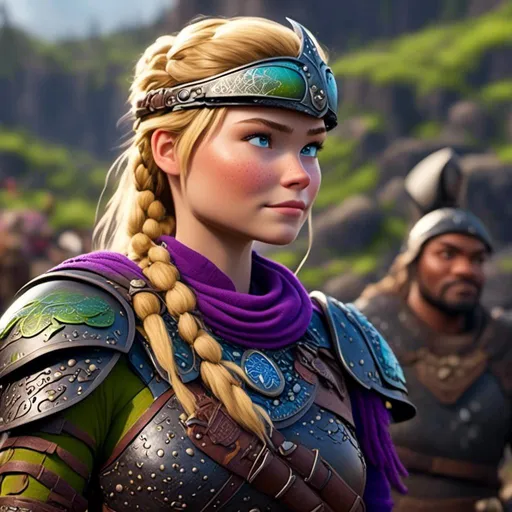 Prompt: <mymodel>CGI Animation of female viking, blonde straight hair a hairband, blue eyes, bright purple and green armor, yellow highlights dor gear and textures, full light body armor, standing in a viking village, intricate details, high quality, digital painting, cool tones, dramatic lighting