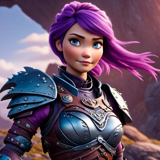 Prompt: <mymodel>CGI Animation of a viking female, purple hair in a single braid, light blue eyes, purple and black gear and armor, intricate details, high quality, digital painting, cool tones, dramatic lighting