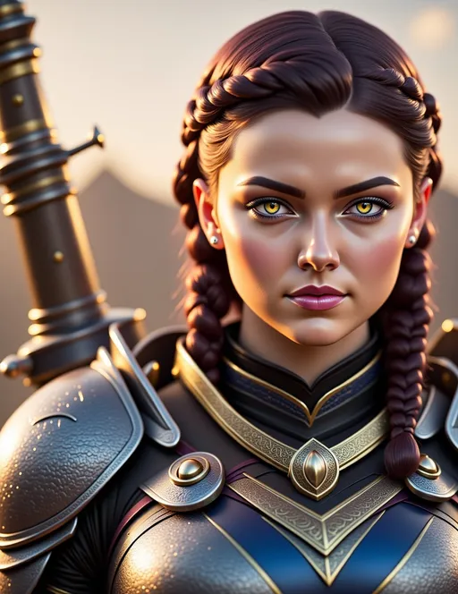 Prompt: Digital art, 18-year-old viking woman, blue gear, blue clothes, dark blue armor, brunette hair, two braids behind her back, dark brown eyes, unreal engine 8k octane, 3d lighting, full body, full armor