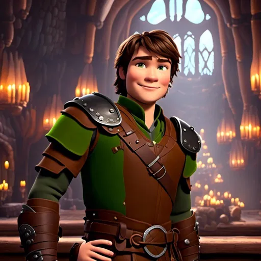 Prompt: <mymodel> viking man, lawyer, thin, small stature, standing in The Great Hall, medium length brown hair, brown eyes, no armor, European-like brown gear, brown leather vest, long sleeve green shirt underneath the brown leather vest, black highlights on his clothes, brown pants, brown boots, historical, strong and natural lighting