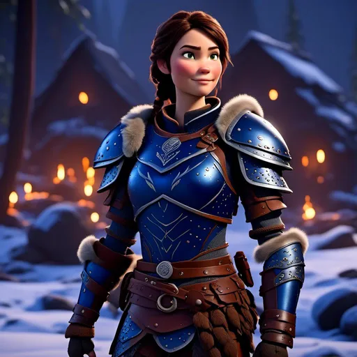 Prompt: <mymodel>Digital art, 18-year-old viking woman, subtle smile, cobalt blue gear, cobalt blue armor, brunette hair, two braids, dark brown eyes, unreal engine 8k octane, 3d lighting, full body, full armor