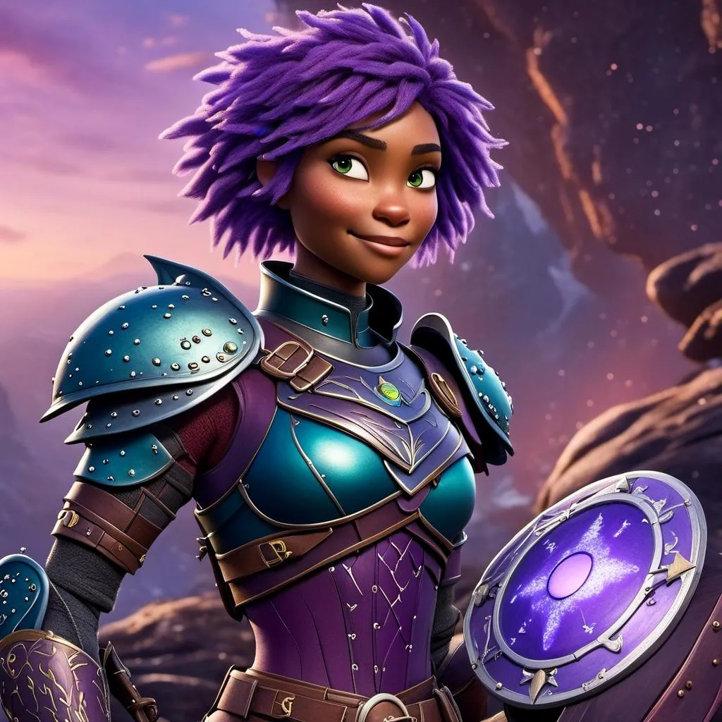 Prompt: a photo of <mymodel>, a caucasian viking female with purple hair and purple gear and armor with bursts of blue textures