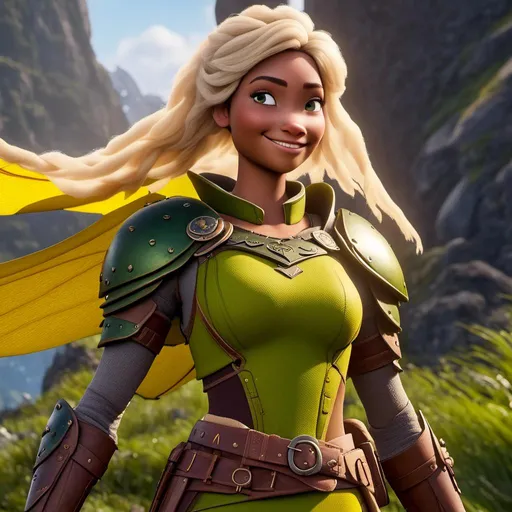 Prompt: <mymodel>CGi Animation, 20-year-old viking woman with one hair braid, subtle smile, blonde hair, blue eyes, green gear, green armor, yellow clothes, yellow textures and highlights, unreal engine 8k octane, 3d lighting, full body, full armor