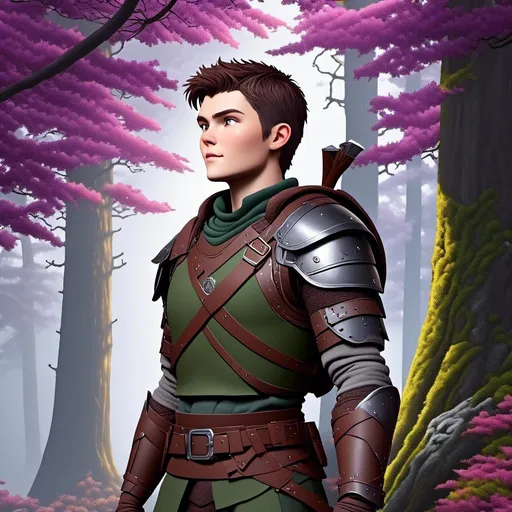 Prompt: <mymodel>Photo of  standing in the forest with his wife Annabeth  who is slightly shorter and has purple hair with a single hair braid down her shoulder