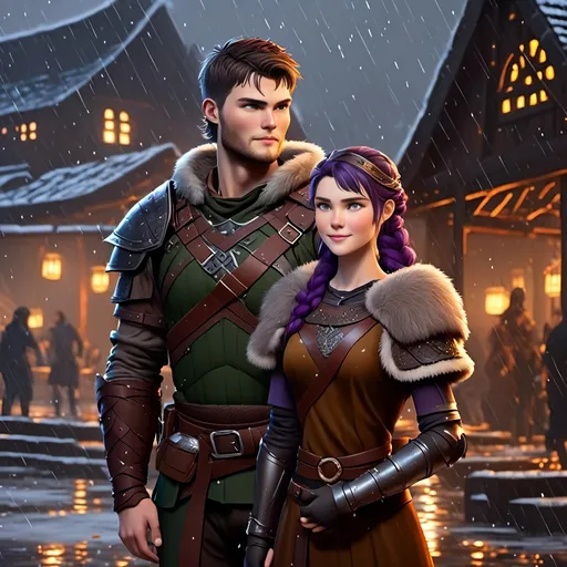 Prompt: <mymodel>{{{{Annabeth has gold armor and black gear}}}}, Photo of  standing in a viking village during heavy rain fall with his wife Annabeth, Annabeth is slightly shorter and has purple hair with a single hair braid down her shoulder, they are both in their early 30s, they are both wearing fur capes and fur hoods to keep warm